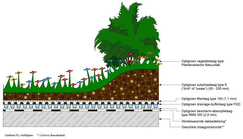 3-laagssysteem voor dakbegroeiing met drainagelaag met drievoudige functie