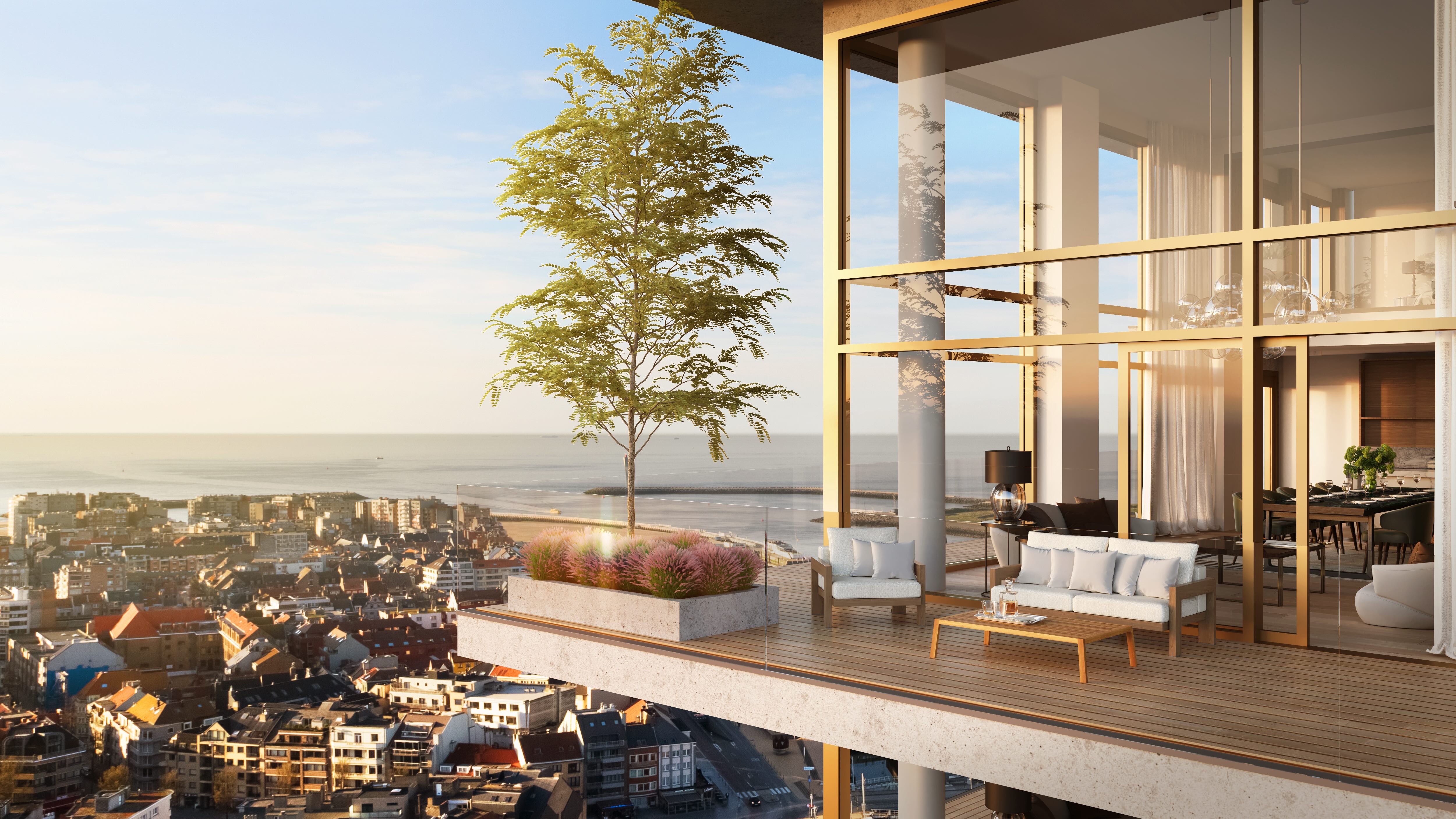 De ruime terrassen van het SKY tower project in Oostende